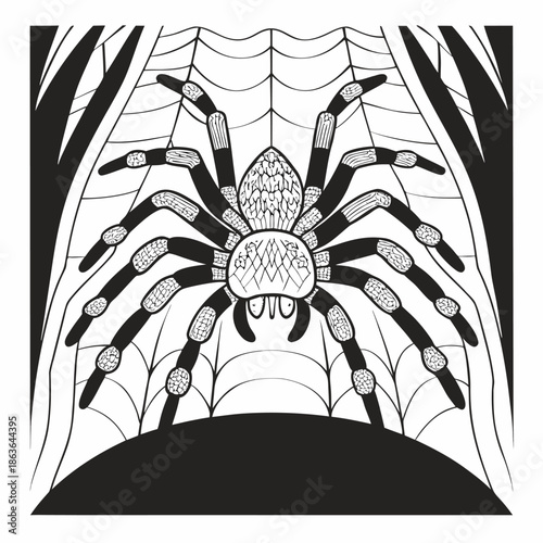 Detailed black and white illustration of a large tarantula spider prominently positioned on its intricate web ready for coloring activities.