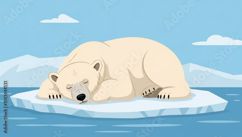 Sleeping Polar Bear on Iceberg in Arctic Ocean, Cartoon Style