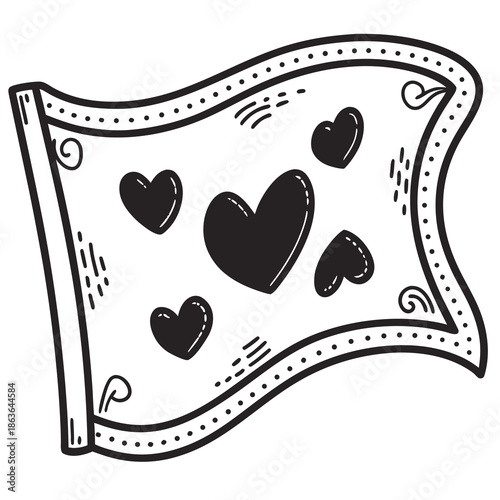 Energetic young girl silhouette running while proudly carrying a festive pennant banner proclaiming the beloved word valentine surrounded by hearts