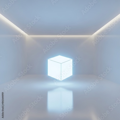 Futuristic glowing cube in a clean abstract space