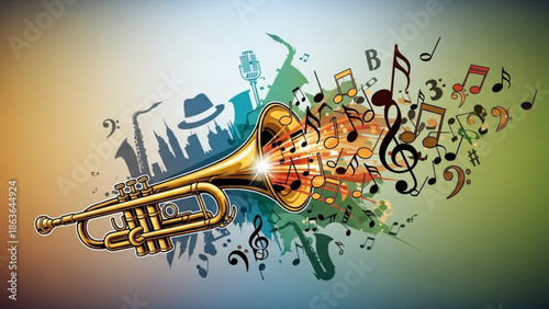 Golden Trumpet Exploding into Musical Notes and Silhouettes of Jazz Musicians