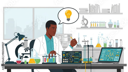 African American Male Scientist Working on Laptop in Laboratory with Idea