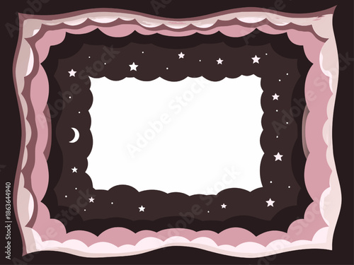 Cloud Frame with Stars and Moon, Dreamy Night Sky Background, Vector Illustration