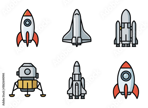 Detailed vector art featuring six spacecraft. Rockets and a lunar lander in an illustrated style.