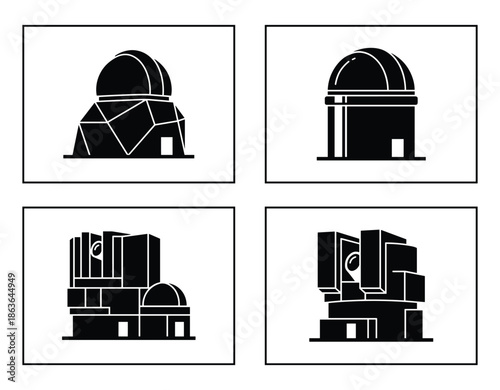 Detailed vector black illustration. Architectural designs featuring different observatory buildings, science and research.
