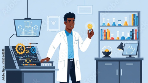 African American Male Scientist Examining Yellow Specimen in Modern Laboratory Setting with Digital Equipment