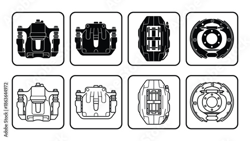Detailed vector icons set featuring car brake calipers and drum brake system in black and white.