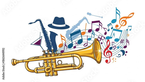 Jazz Trumpet Player with Saxophone and Musical Notes Illustration