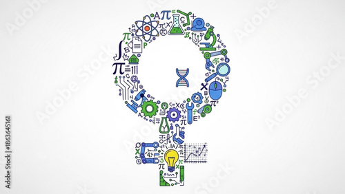 Female Power Symbol with Mathematical Equations and Light Bulb Concept