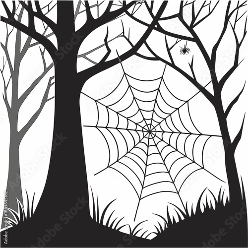 Spooky black and white silhouette illustration featuring a large intricate spider web strung between dark barren tree branches in a creepy forest setting