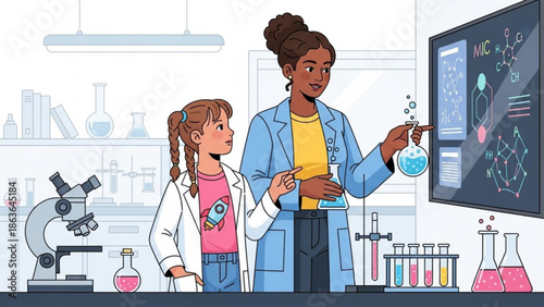 Female Scientist and Young Girl Conducting Chemistry Experiment in Laboratory
