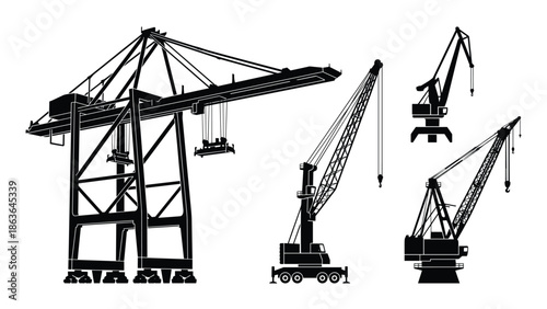 Detailed vector silhouettes of container cranes and mobile cranes for freight and industrial design projects.