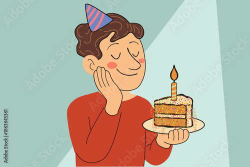 solitary birthday celebration, self love concept , smiling solitude man holding birthday cake , make a wish 