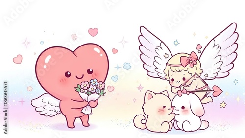 Cute animated heart and angel figures with wings, flowers, and plush toy in pastel colors for Valentine or love-themed designs