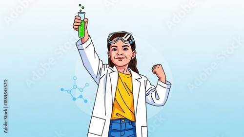 Happy Female Scientist Holding Test Tube with Green Liquid in Laboratory Setting