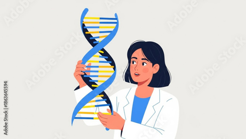 Female Scientist Holding DNA Helix Structure in Lab Coat
