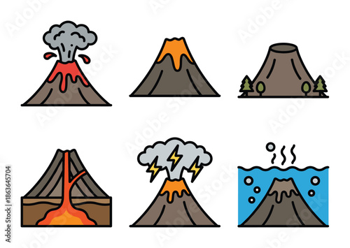 Diverse volcano types illustration set. Includes erupting, dormant, cross-section, lightning, and undersea volcano graphics.