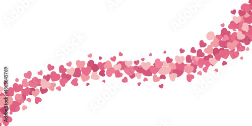A cheerful diagonal stream of many pink hearts creates a festive pattern on a bright white surface
