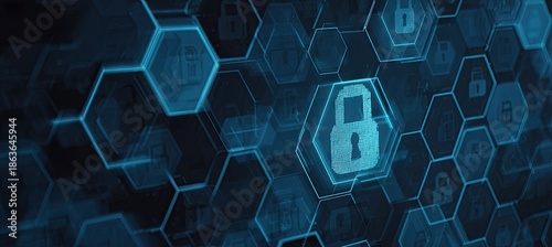 Abstract security concept with padlock graphic and hexagonal network background