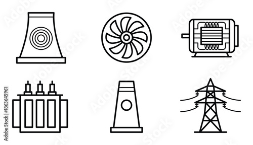 Electric power generation transmission and distribution outline icon set. Power equipment illustration.