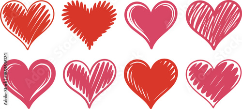 A collection of hand drawn red and pink heart shapes on a plain white background
