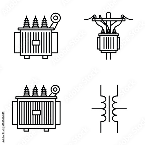 Electrical transformer line art vector icons, representing power supply, distribution and electrical schematic diagram.