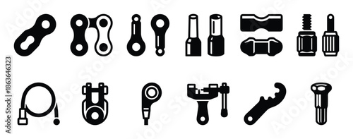 Essential bicycle repair tools icons set. Includes chain tools, wrench, cable, and more for bike maintenance.