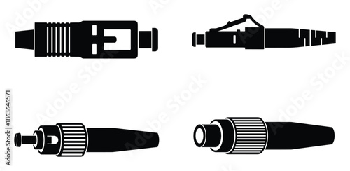 Fiber optic connector silhouette, various styles. Essential for network diagrams, and data communications projects.
