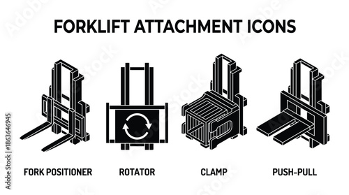 Forklift attachments icons: fork positioner, rotator, clamp, and push-pull. Material handling equipment icons.