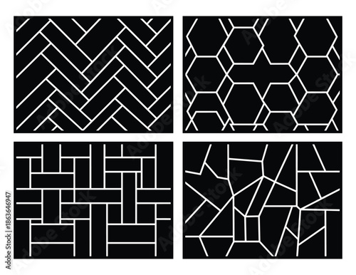 Four abstract backgrounds featuring geometric, herringbone, hexagon, and random shapes with white lines on black.