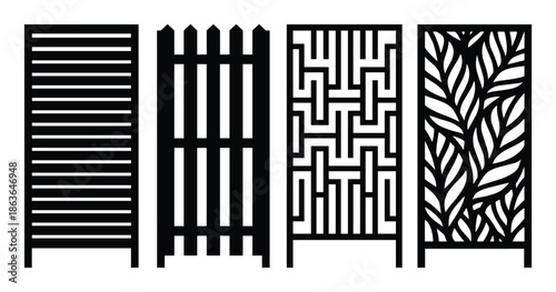 Four black and white decorative panels showcase horizontal lines, fence, geometric and leaf patterns.