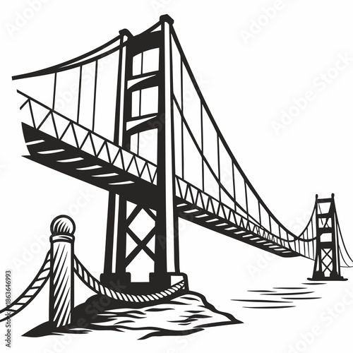 Stylized black and white vector illustration of the iconic Golden Gate suspension bridge structure spanning across water with heavy ropes tethered to a post.