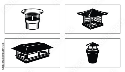 Four chimney cap types in vector format. Perfect for architectural and home improvement projects, design elements.