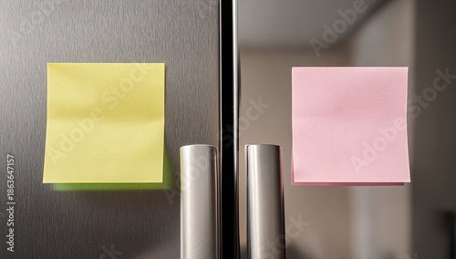 Two brightly colored sticky notes adhered to a stainless steel refrigerator door