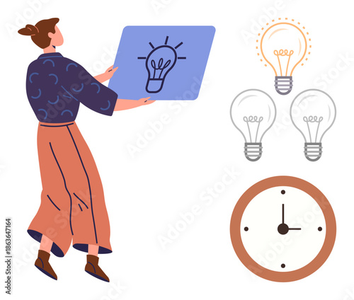 Innovation, time planning, creativity, ideas, productivity, brainstorming. Woman holding a board with a lightbulb illustration, lightbulbs and a clock. Innovation and brainstorming