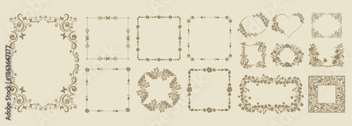 Christian crosses with decorative ornamental frames in vintage or Victorian style. Classic floral swirls, flourishes, plant elements. Set. Monochrome vector illustration