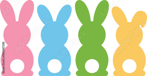A delightful row of four pastel bunny silhouettes stands vibrant in pink, blue, green, and yellow