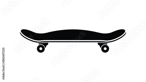 A simple black and white illustration depicting a classic skateboard design