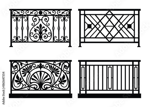 Four designs of wrought iron railings set with floral, geometrical and rectangular patterns black silhouette