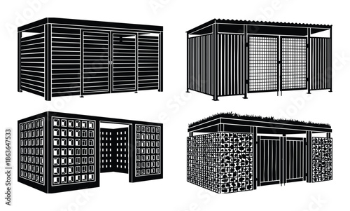 Four different black and white vector designs of trash bin shelters, showcasing outdoor enclosures.
