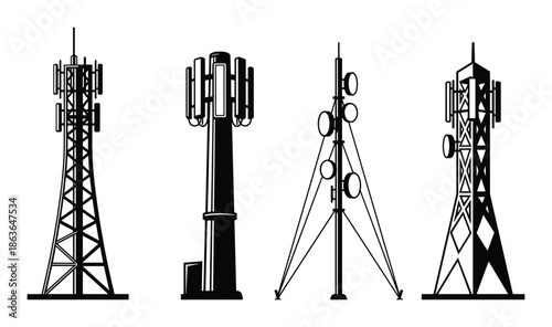 Four diverse communication towers line art, detailed black and white illustration. Antenna masts, broadcast structures.