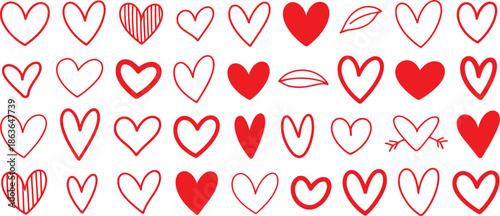 A diverse collection of expressive red hand drawn heart symbols and outlines on a clean white plane