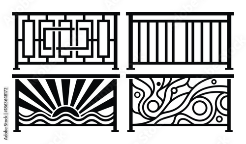Four ornamental railings with diverse designs patterns in black and white illustration.