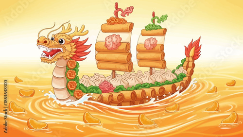 Festive Dragon Boat with Dim Sum in Golden Liquid Illustration