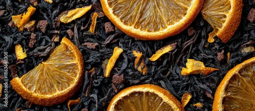 Obraz  z motywem Close-up view of dried orange slices and loose tea leaves