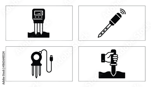 Four soil moisture sensor icons in black color. Agriculture testing tools, different soil analysis instruments.
