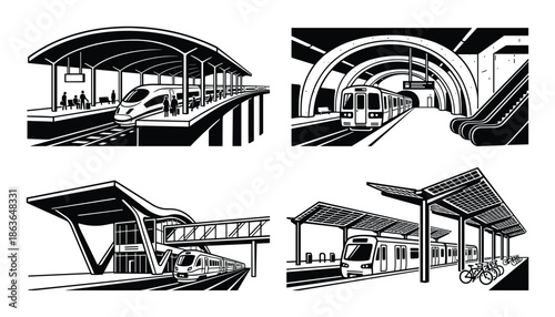 Four train station vector illustrations with subway trains, platforms, escalators and bicycles parking