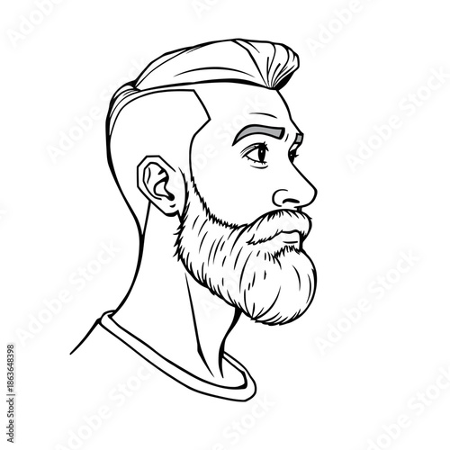 A black and white line drawing of a man's head and shoulders with a beard and undercut haircut