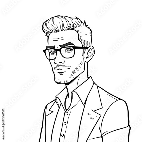 A stylish cartoon man with short hair and glasses wearing a suit jacket and button-down shirt