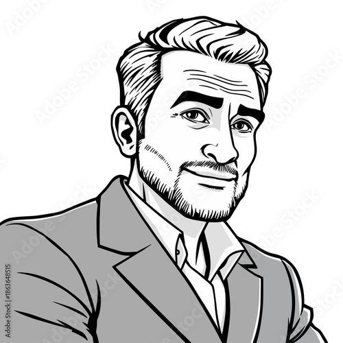 A smiling man with a beard and mustache wearing a suit and tie looks to the side with a hint of a smirk on his face